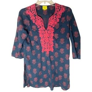 Roller Rabbit Womens Blue Floral Tunic V-Neck 3/4 Sleeve with RedEmbroidery S